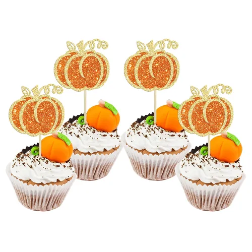 Vista 10 de Gyufise 24 piezas de decoración de cupcakes de calabaza con purpurina para temática de otoño, Acción de Gracias, Halloween, baby shower, niños