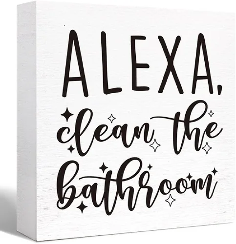 Vista 10 de SJNH Divertido letrero de madera negra para baño, estante de baño, decoración de escritorio Divertido letrero de madera negra para baño con Alexa