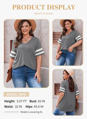 Vista 31 de Eytino Blusas de talla grande para mujer, cuello en V, manga corta, a rayas, casual, holgada, con bolsillo (1X-5X)