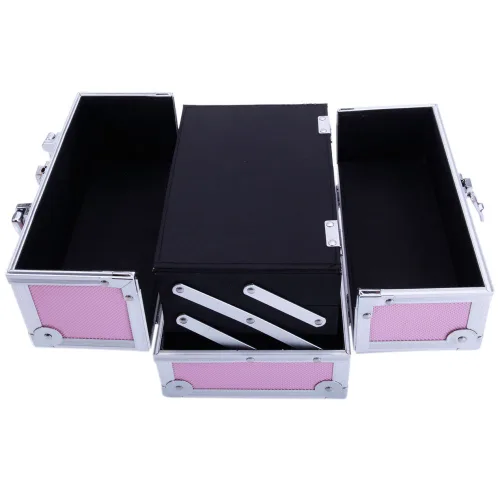 Vista 2 de Estuche de tren de maquillaje portátil profesional, estuche de aluminio para maquillaje, joyero, organizador de almacenamiento de cosméticos con Rosa