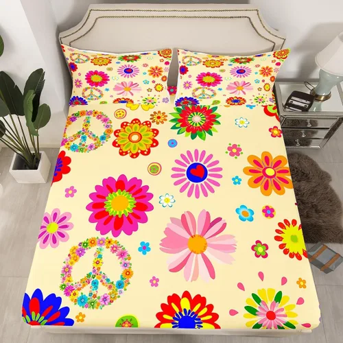 Vista 31 de Juego de ropa de cama con diseño floral bohemio, tamaño individual, diseño retro de flores groovy, 60S y 70S, diseño de flores hippie para niños