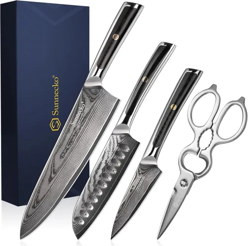 Vista 7 de Sunnecko Juego de Cuchillos de Cocina Damascus de 3 Piezas, Juego de Cuchillos de Chef Afilados Juegos de Cuchillos de Cocina Profesionales Full