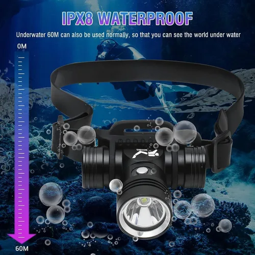Vista 4 de Linterna frontal de buceo recargable de alto lúmenes para buceo, súper brillante, IPX8, impermeable, buceo, natación, submarinos, 3 modos, luz