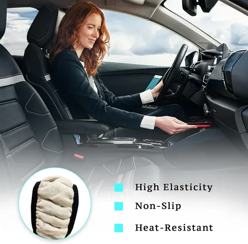Vista 4 de Ziciner Funda elástica mullida para volante, protector suave de 15 pulgadas para el invierno cálido, fundas antideslizantes y esponjosas para Beige