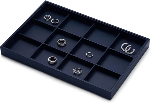 Vista 3 de Woodten Azul 12 Rejillas PU Cuero Joyería Bandeja de Exhibición Pendientes Pulsera Organizador Bandeja de Exhibición