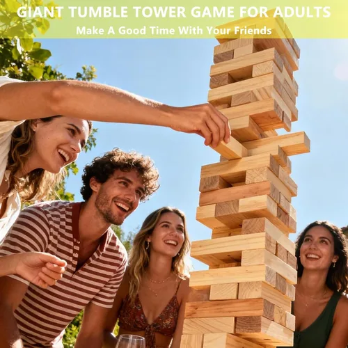 Vista 6 de Juego de torre gigante de 60 piezas, juegos al aire libre para adultos y familias, bloques de madera de alta calidad de 5.3 pies con bolsa