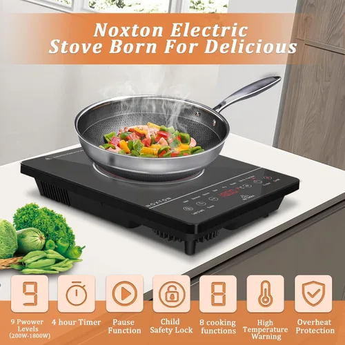 Vista 2 de Noxton Estufa eléctrica portátil de 110 V, 1800 W, estufa eléctrica de un solo quemador, placa de cocción eléctrica, temporizador de 4 horas, 9