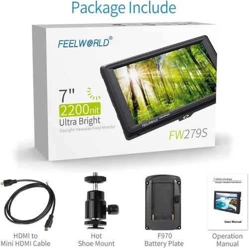 Vista 7 de FEELWORLD FW279S 7 pulgadas ultra brillante 2200nit luz diurna visible Full HD 1920x1200 IPS panel DSLR en cámara monitor de campo 3G SDI 4K HDMI