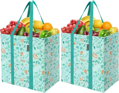 Vista 10 de BALEINE Paquete de 2 bolsas de comestibles reutilizables con parte inferior reforzada, bolsas plegables resistentes (follaje antiguo)