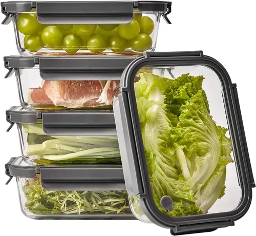 Vista 10 de Contenedores de vidrio para almacenamiento de alimentos con tapas de vidrio, paquete de 4 recipientes de preparación de comidas con tapas Gris