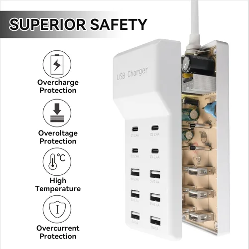 Vista 3 de Bloque de estación de carga USB con 10 puertos (6 puertos USB-A y 4 puertos USB-C), tira de alimentación USB para teléfono inteligente, tableta