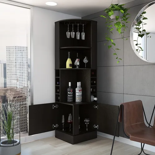 Vista 5 de FM FURNITURE The Seattle - Armario esquinero para bar con 3 estantes abiertos, estante de cristal, 8 cubos de botellas y puertas dobles, color negro