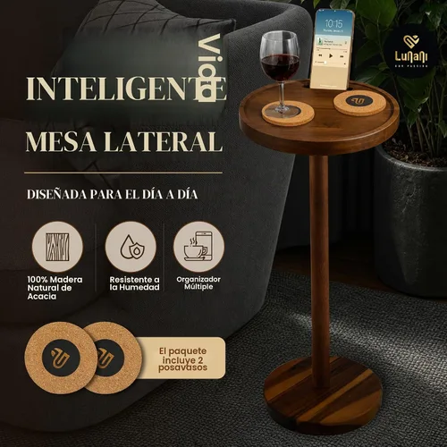 Vista 6 de Mesa de bebidas para espacios pequeños, mesa auxiliar de pedestal de 24 pulgadas de alto con base estable, soporte para teléfono y 2 posavasos, mesa