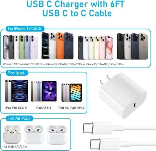 Vista 4 de Cargador de teléfono, adaptador de cargador rápido de pared PD USB C de 20 W con cable de carga súper rápido de 6 pies (A5)