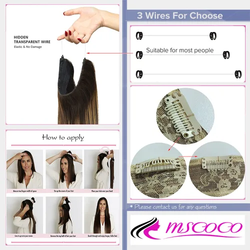 Vista 7 de Extensiones de cabello humano real, cabello lacio marrón chocolate de 12 pulgadas con alambre oculto y línea de pescado transparente