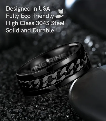 Vista 3 de King Ring Anillo giratorio de 0.315 pulgadas, anillo plano pulido fino para hombres y mujeres con cadena cubana, diseñado en Estados Unidos