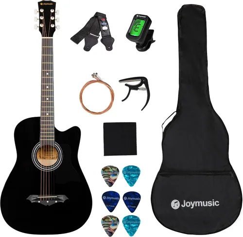 Vista 10 de Joymusic kit de guitarra acústica para principiantes de 38 pulgadas azul brillante, incluye estuche, correa con portapúas, afinador digital, juego