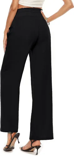 Vista 4 de Micoson Pantalones de lino de algodón para mujer con cordón elástico en la cintura y bolsillos laterales de talle alto pantalones sueltos casuales