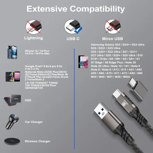 Vista 2 de Cable USB C de 3.3 pies, cable USB-A a USB-C USB 3.1 USB 3.2 Gen2 10Gbps cable de carga de datos para Samsung Galaxy S24 S23 S22 S21 S20 S10 S9 S8+