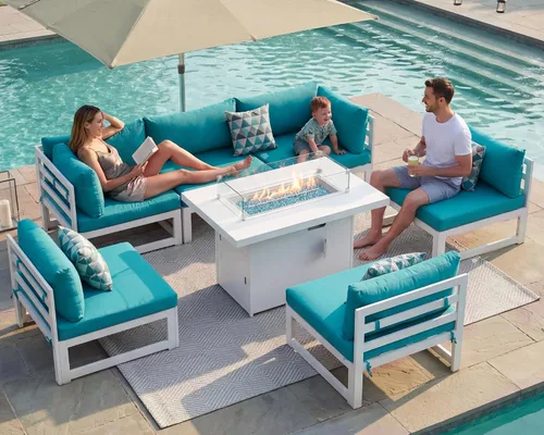 Vista 32 de BULEXYARD - Sofá modular de aluminio para exteriores con mesa para fogata, 7 piezas, color verde azulado