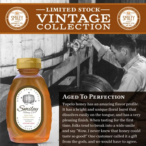 Vista 5 de Smiley Honey, Miel Tupelo envejecida en barril, vintage 2020, envejecido 5 años en barricas de bourbon de búho de Kentucky, carrera exclusiva