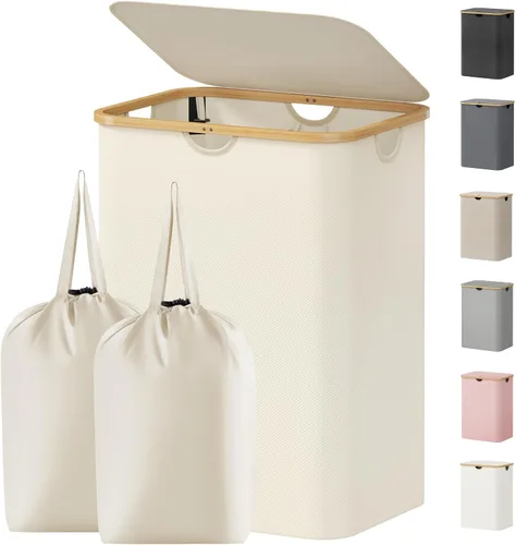 Vista 29 de Lifewit Cesta de lavandería de 80 litros con tapa, cestas de ropa para lavandería con asas de bambú y una bolsa de lavandería extraíble, cesta