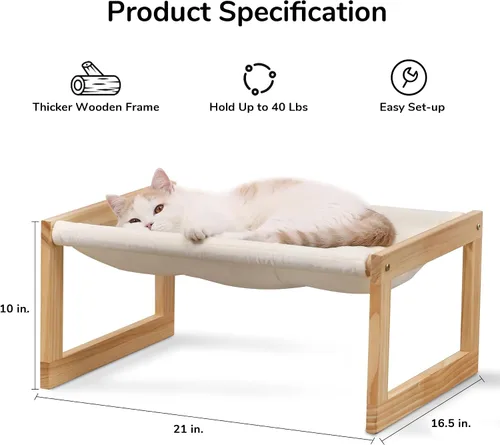 Vista 7 de FUKUMARU Hamaca Cama para Gatos, Cómodo Sofá de Terciopelo para Gatos de Interior, Percha de Madera Elevada para Gatos, Sofá para Mascotas de 21