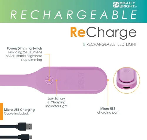 Vista 4 de Mighty Bright La Original Recarga con Clip - Luz de Libro Recargable USB - Lámpara de Lectura LED Cálida - Flexible, Regulable, Dura Hasta 60 Horas