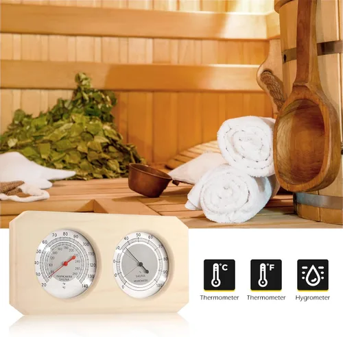 Vista 3 de Dyna-Living 2 en 1 Sauna de madera para sauna higrotermógrafo interior Fahrenheit termómetro e higrómetro para hotel o sala de sauna