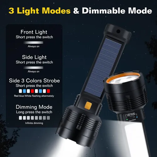 Vista 3 de Paquete de 2 Linternas LED Recargables - 20000 Lúmenes Linterna Táctica Súper Brillante, Compacta e Impermeable, Batería de Larga Duración