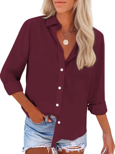 Vista 6 de Camisas de algodón con botones, para mujer, camisas de vestir Oxford, camisas de trabajo de manga larga, blusas con cuello y bolsillo