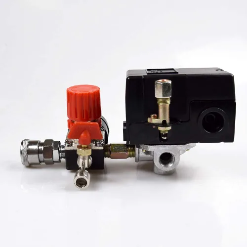 Vista 6 de Válvula de control del interruptor de presión del compresor de aire, 90-120 PSI con regulador y manómetro, 4 puertos 1/4" NPT con válvula
