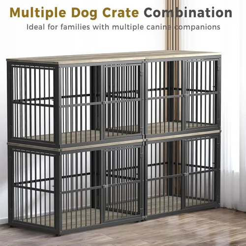 Vista 7 de Lyromix Mueble apilable para perros de 43 pulgadas, para razas grandes con habitaciones dobles, jaula de madera para perros, perrera resistente