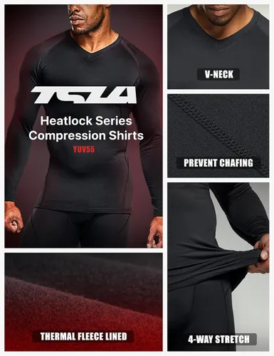 Vista 3 de TSLA - Camiseas térmicas de compresión de manga larga con cuello en V para hombre, ideales para usar como capa base para hacer ejercicio, correr
