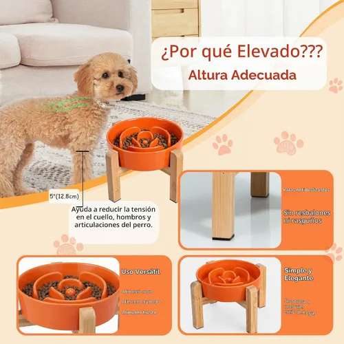 Vista 4 de Comedero Lento Elevado para Perros - Plato de Comida de Laberinto de Cerámica con Soporte de Bambú - Comedero Elevado para Comedores Rápidos - Ideal