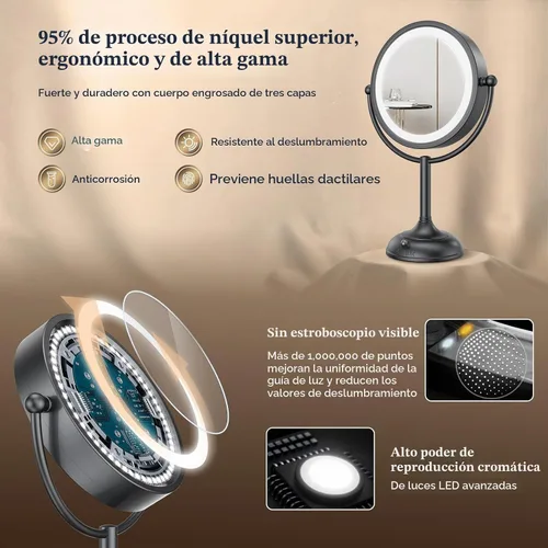 Vista 5 de VESAUR Espejo de Maquillaje Profesional Iluminado de 8.5", 1X/10X de Doble Cara HD Sin Distorsión, Espejo de Aumento con Luces LED Regulables en 3