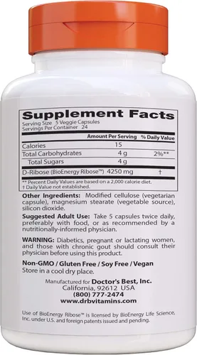Vista 2 de Doctor's Best Suplemento D Ribosa para hombres y mujeres - Cápsulas de D-Ribosa, apoya la producción de energía ATP, 4250 mg por porción de 5