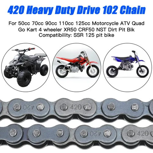 Vista 2 de YOXUFA 420 cadenas 102 eslabones para CRF50 XR50 PW80 SSR Tao Tao Coolster 110cc 125cc Pit Dirt Bike 4 Wheeler ATV Quad Kazuma Baja Ice Bear Lifan