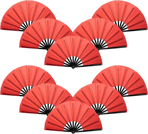 Vista 6 de QIRMIZI Abanico plegable grande de 10 piezas para rave de mano, abanicos para Kung Fu, Tai Chi, Danza, Festivales de Música, Carnavales, bodas