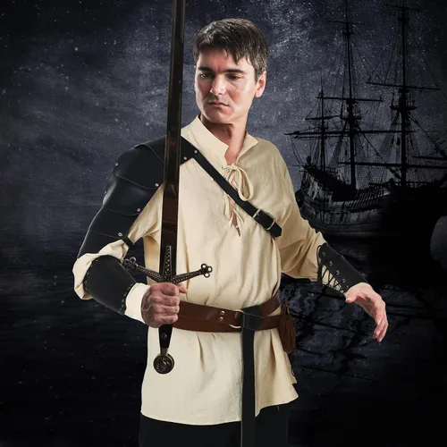 Vista 6 de Camisa medieval para hombre, banda al tobillo, pantalones, bolsa de cuero, brazalete vikingo, retro, renacentista, disfraz de Halloween