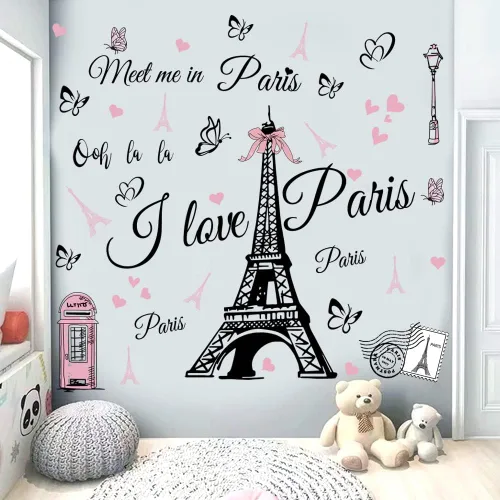 Vista 2 de Pegatinas de pared de la Torre Eiffel de París, calcomanía para dormitorio, sala de estar, fondo de sofá, decoración de pared de TV, decoración