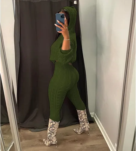 Vista 3 de ThusFar Conjunto de suéteres de punto casuales para mujer, conjunto de dos piezas, para otoño, ajustado, con cordón, grueso, con capucha, pantalón