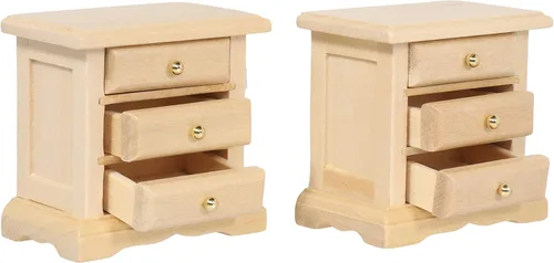 Vista 4 de Mesitas de noche de madera para casa de muñecas, juego de 2 mini mesitas de noche, muebles a escala 1:12 para dormitorios de casa de muñecas