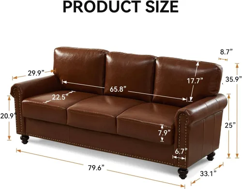 Vista 2 de Sofá de 80" de cuero sintético con almacenamiento, sofás de brazos enrollados de estilo moderno de mediados de siglo para muebles de sala de estar