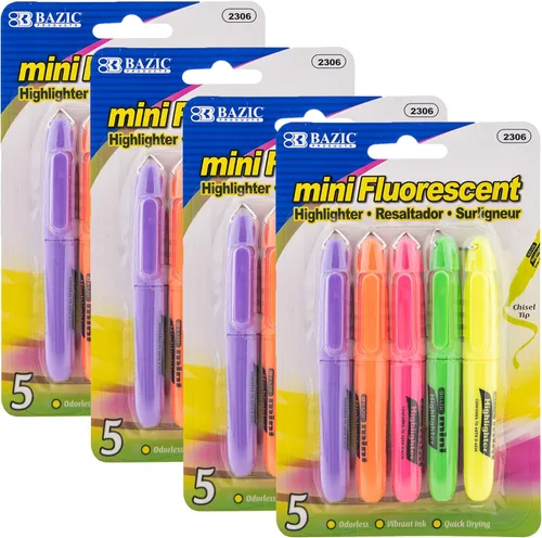 Vista 10 de BAZIC PRODUCTS Mini resaltadores, fluorescentes, punta de cincel, clip de tapa, 5 unidades Colores Asst
