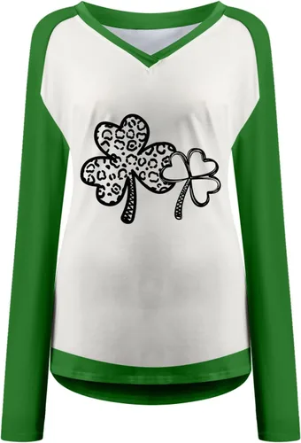 Vista 4 de Trajes del día de San Patricio para mujer, manga larga, cuello en V, camisas de festival, blusas, trébol, color verde