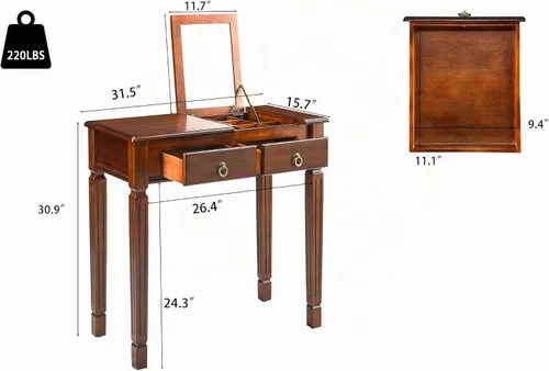 Vista 2 de Escritorio pequeño con juego de taburetes, mesa de tocador de maquillaje con espejo abatible y taburete tapizado, tocadores de madera maciza con 2