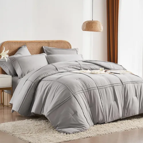 Vista 8 de Yogeneg Juego de edredón tamaño Twin de 5 piezas en una bolsa, juego de ropa de cama Twin con diseño de cuadrícula y pliegues beige, juego