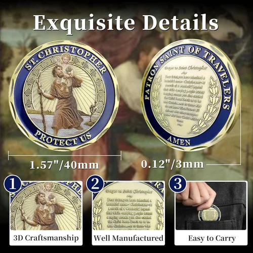 Vista 5 de 10PCS St Christopher Challenge Coins Patron Saint Traveler Protection Medal Catholic Travel Safety Gift for Drivers Pilgrims Commuters Road Trips