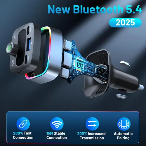 Vista 3 de Adaptador Bluetooth 5.4 de 60 W de carga USB Bluetooth adaptador para coche, radio transmisor FM inalámbrico, llamadas manos libres y receptor